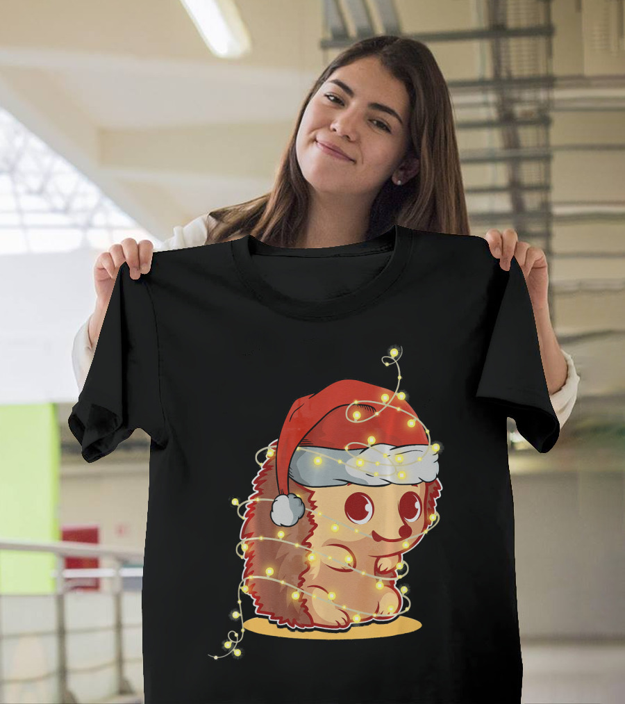 Christmas Lights Hedgehog Santa Hat Festive T-Shirt