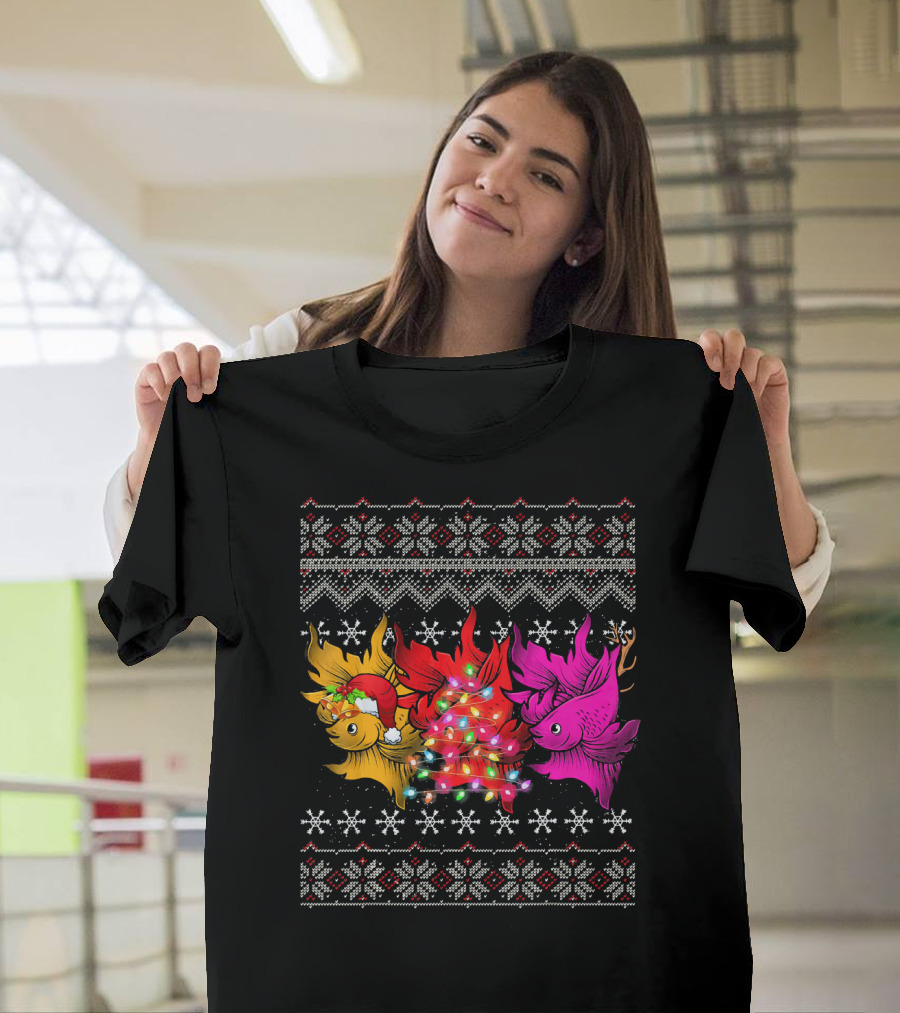 Christmas Betta Fish Trio Festive Love Lights T-Shirt
