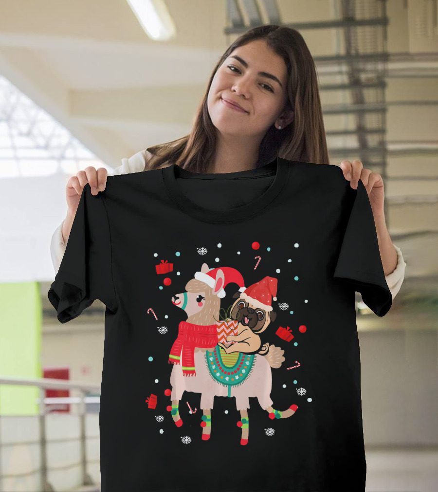 Christmas Pug Llama with Santa Hats and Gifts T-Shirt