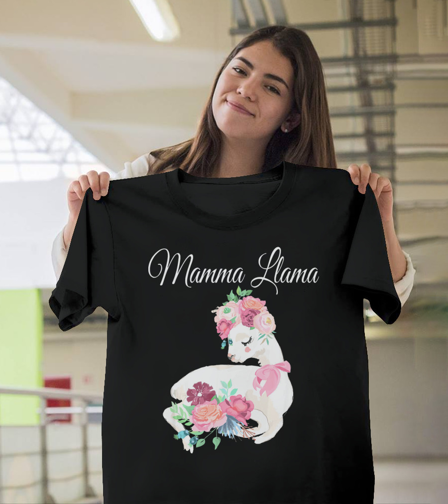 Mamma Llama Floral Crown with Pink Bow T-Shirt