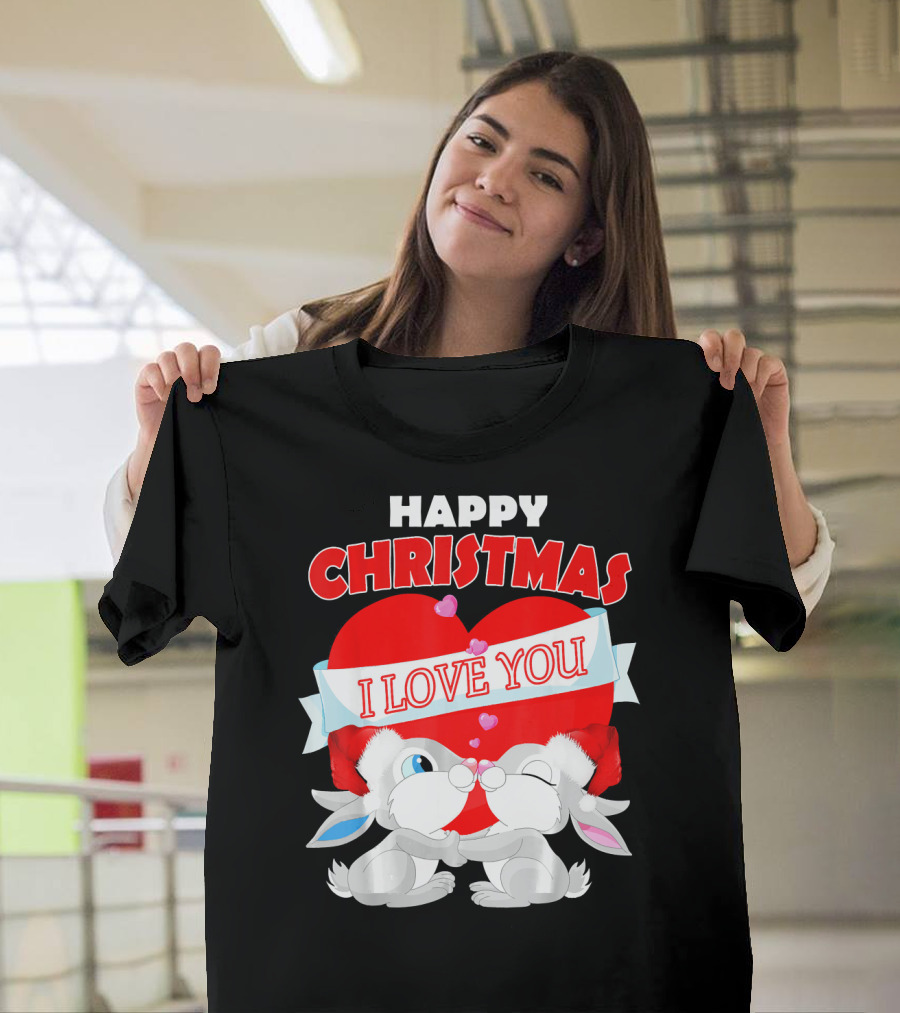 Happy Christmas I Love You Cute Santa Couple Rabbits T-Shirt