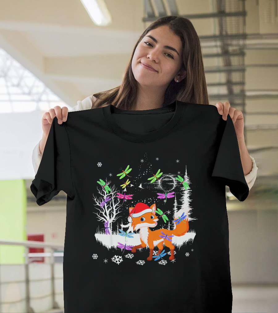 Cute Fox Santa Hat Winter Forest Snowflakes Dragonflies T-Shirt