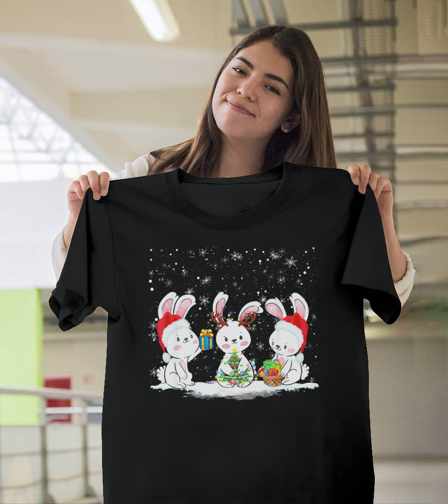 Festive Christmas Bunny Rabbit Trio with Gifts and Santa Hats T-Shirt