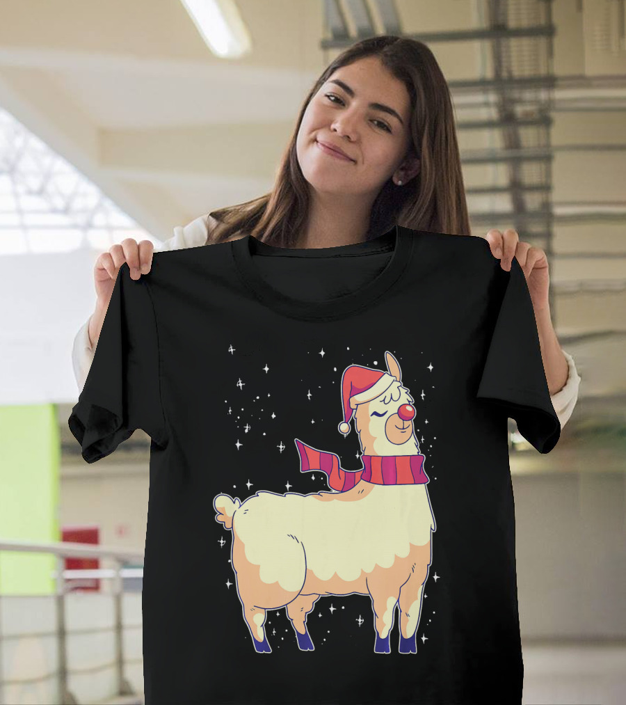 Christmas Llama Santa Hat Funny Alpaca with Scarf and Sparkling Stars T-Shirt