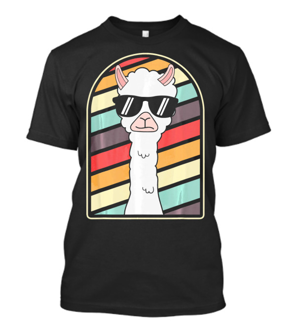 Cool Llama Retro Style Alpaca With Sunglasses Vintage Stripes T-Shirt