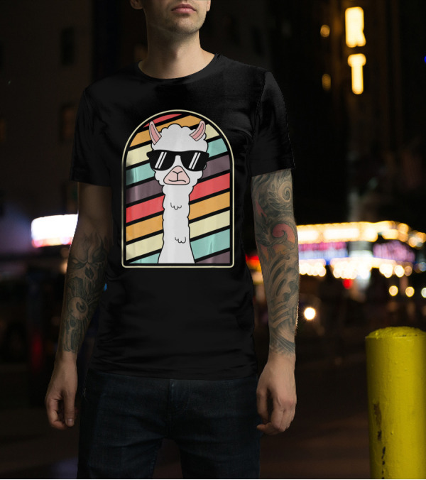 Cool Llama Retro Style Alpaca With Sunglasses Vintage Stripes T-Shirt