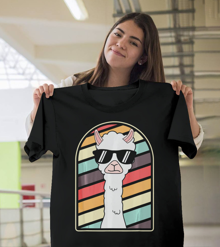 Cool Llama Retro Style Alpaca with Sunglasses Vintage Stripes T-Shirt