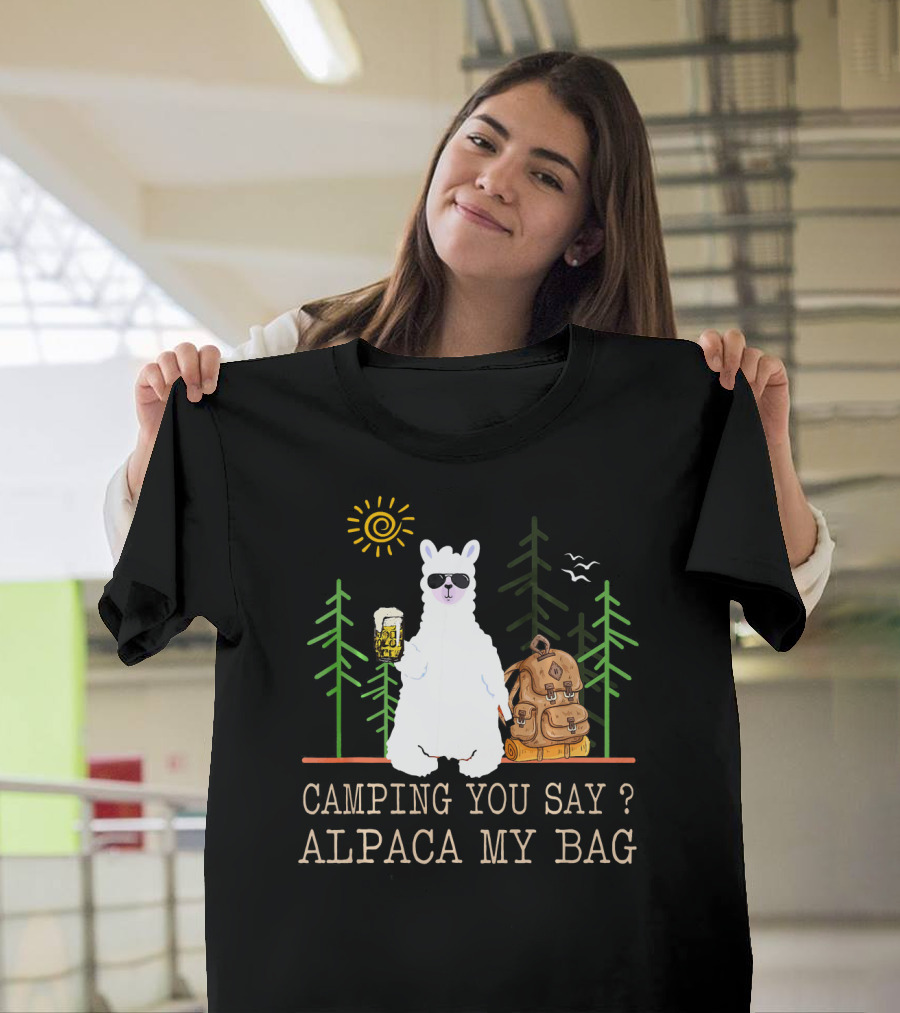 Camping You Say Alpaca My Bag Llama with Backpack and Sunglasses T-Shirt