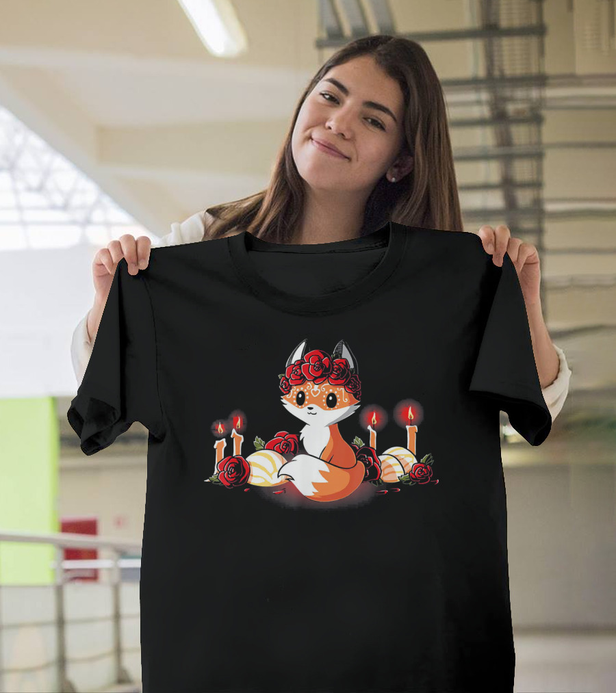 Dia De Los Foxes Sad Fox Surrounded by Roses and Candles T-Shirt