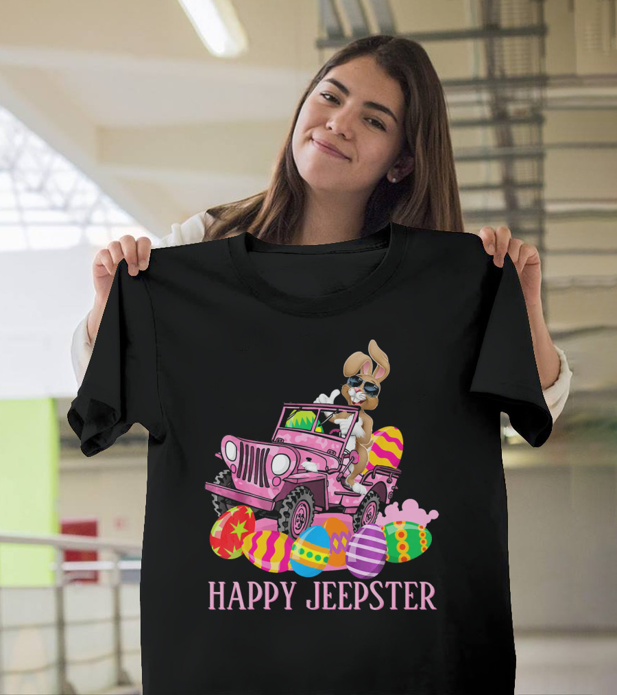 Happy Jeepster Bunny Rabbit in Pink Jeep with Colorful Easter Eggs T-Shirt