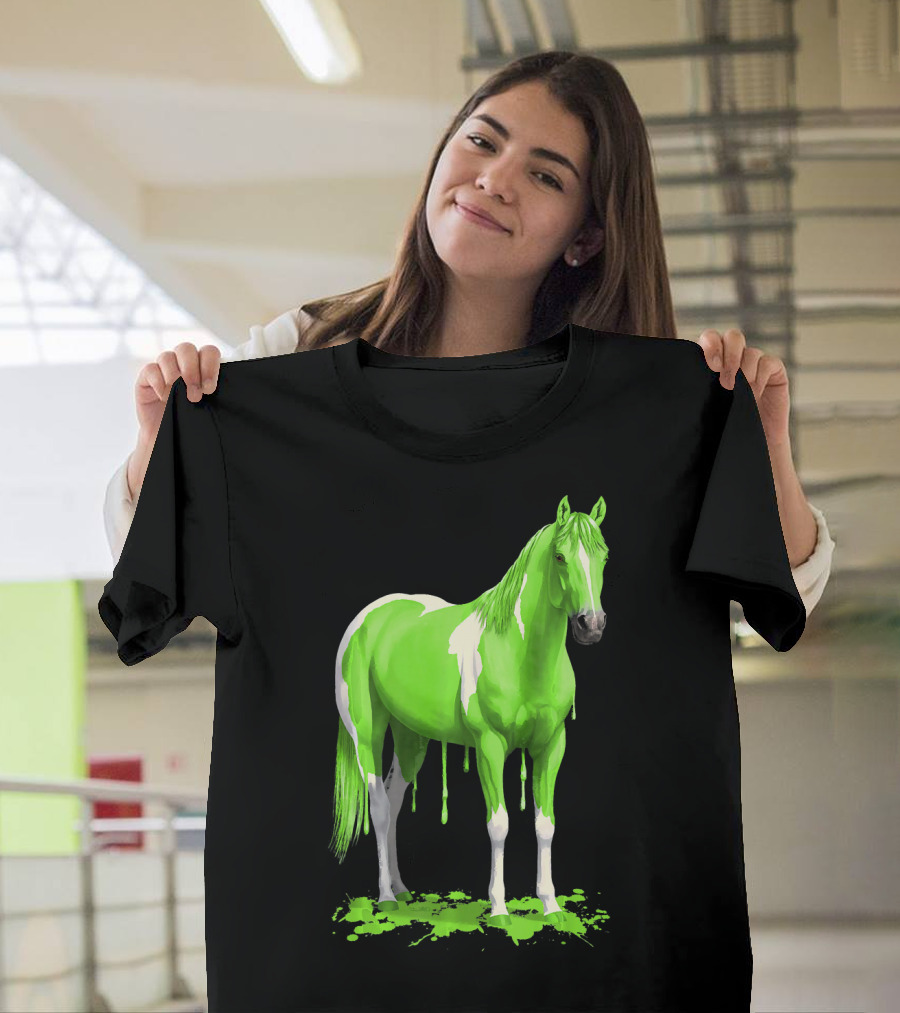 Wet Paint Dripping Neon Green Horse with White Contrast T-Shirt