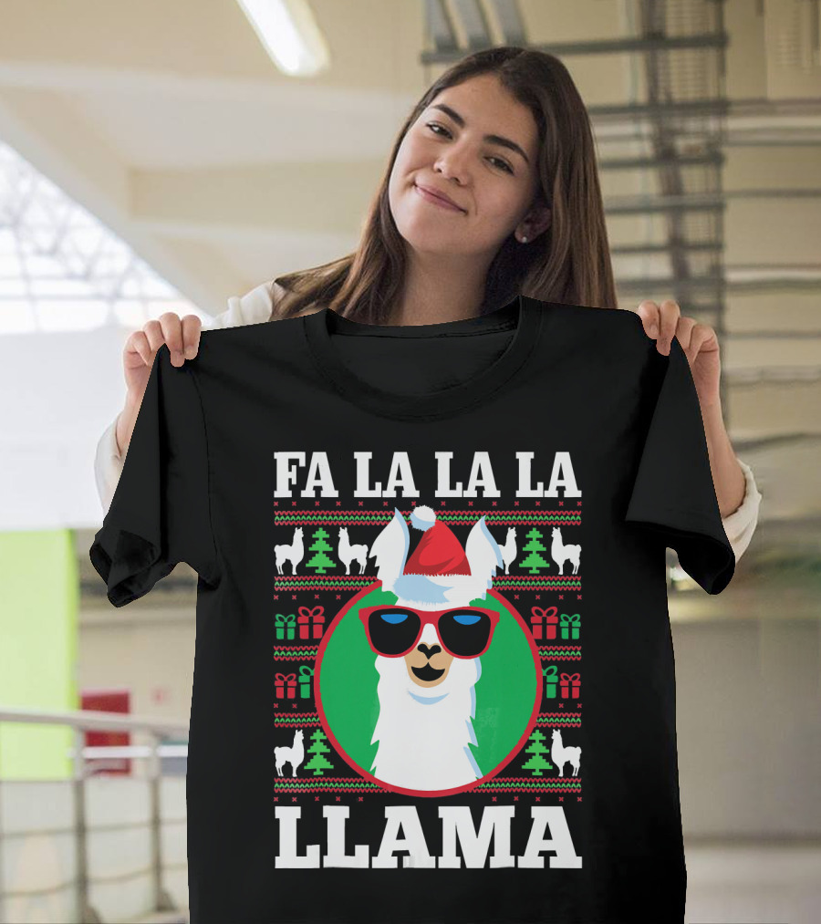 Fa La La La Llama Christmas Sweater Festive Design with Santa Hat and Sunglasses T-Shirt