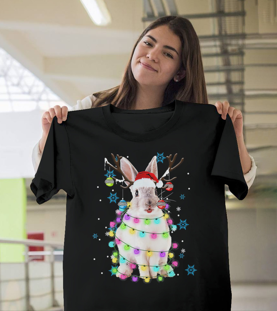 Christmas Reindeer Rabbit with Santa Hat and Festive Lights T-Shirt
