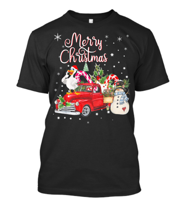 Merry Christmas Goose Riding Red Truck With Snowman And Candy Canes T-Shirt