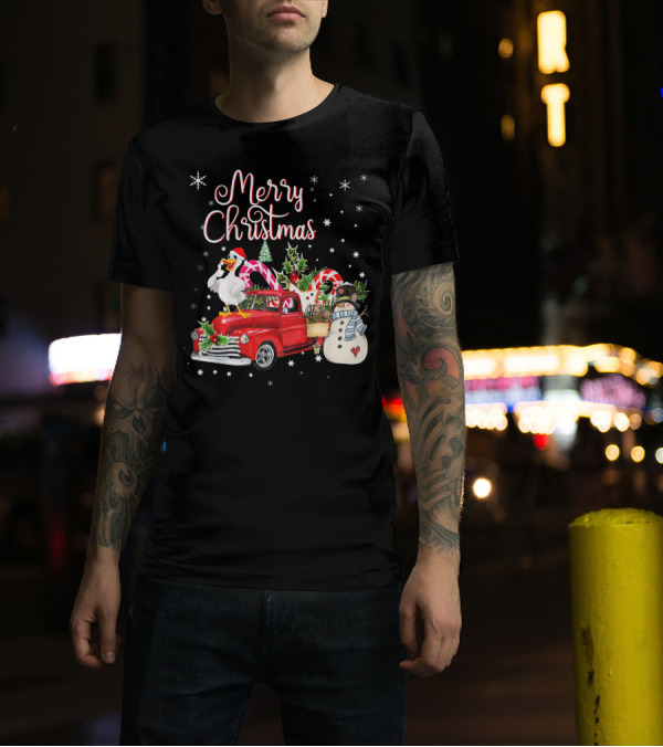 Merry Christmas Goose Riding Red Truck With Snowman And Candy Canes T-Shirt