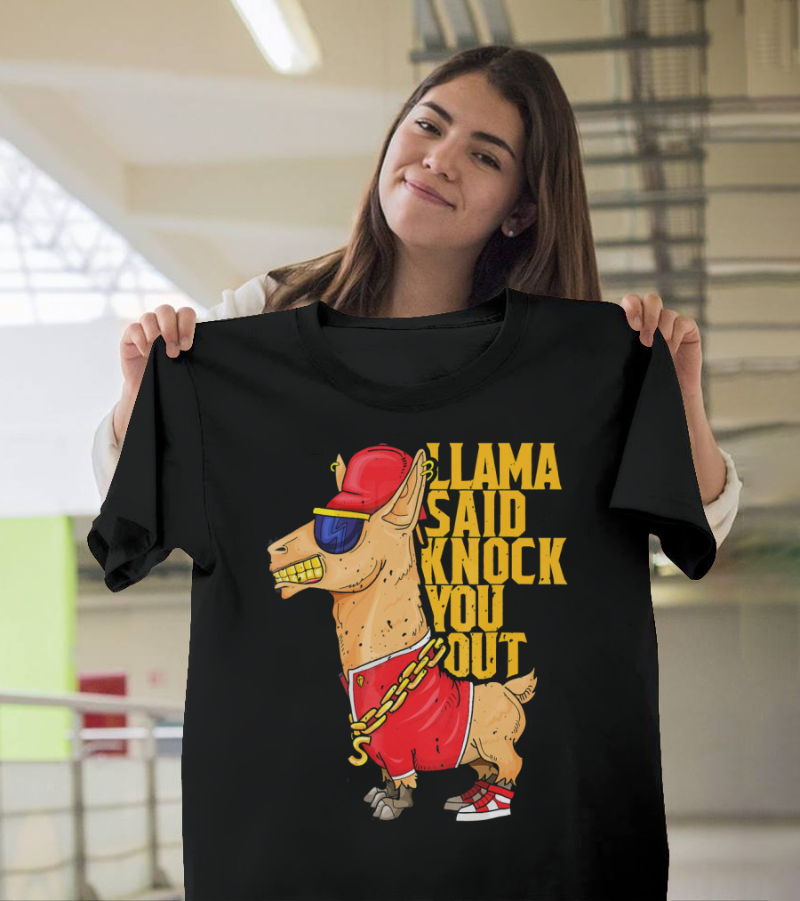 Llama Said Knock You Out Funny Hip Hop Red Cap Sunglasses Chain Sneakers T-Shirt