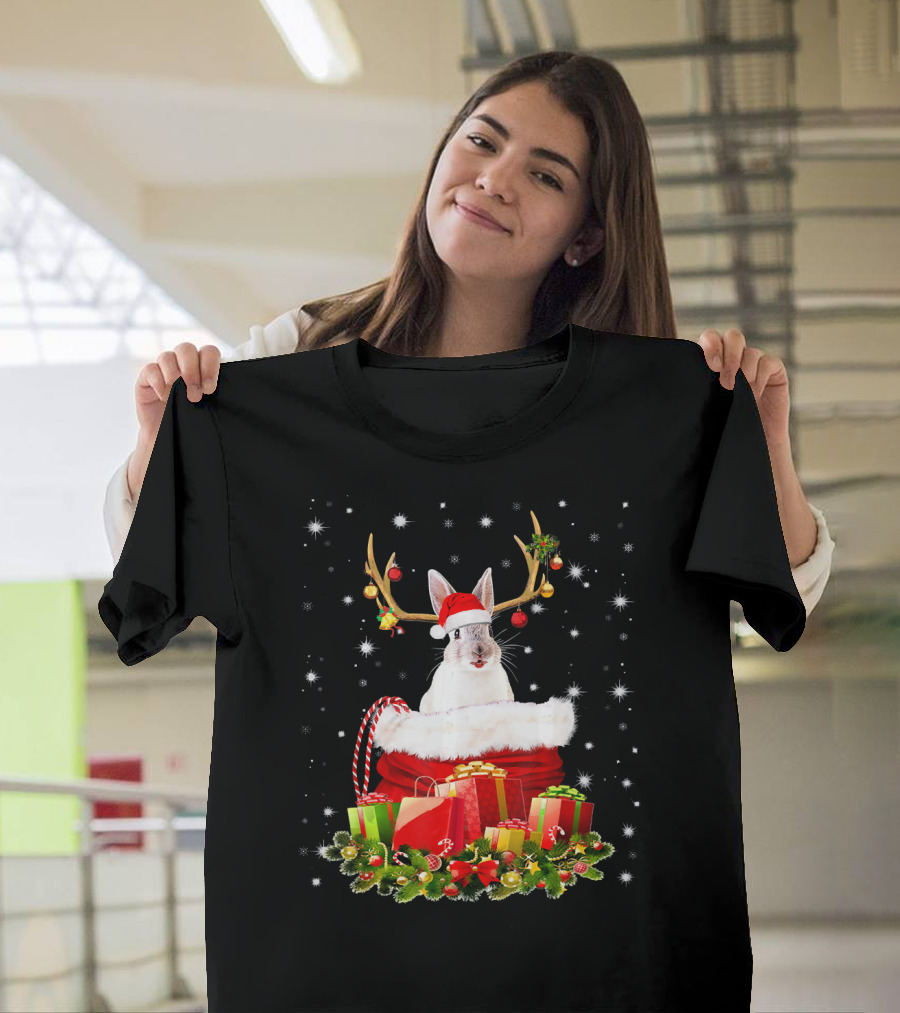 Santa Hat Rabbit with Reindeer Antlers in a Festive Sack of Gifts T-Shirt