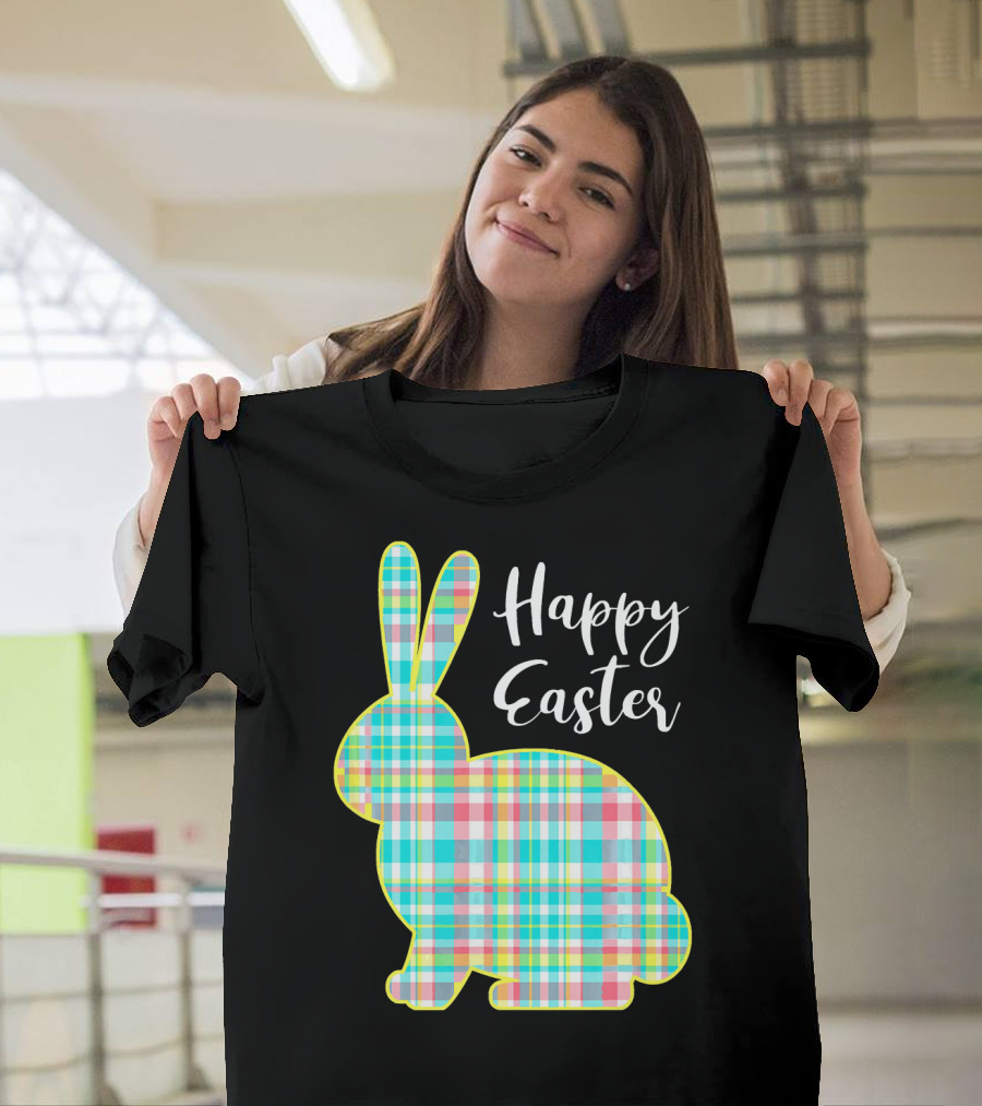Happy Easter Multi Color Plaid Bunny T-Shirt
