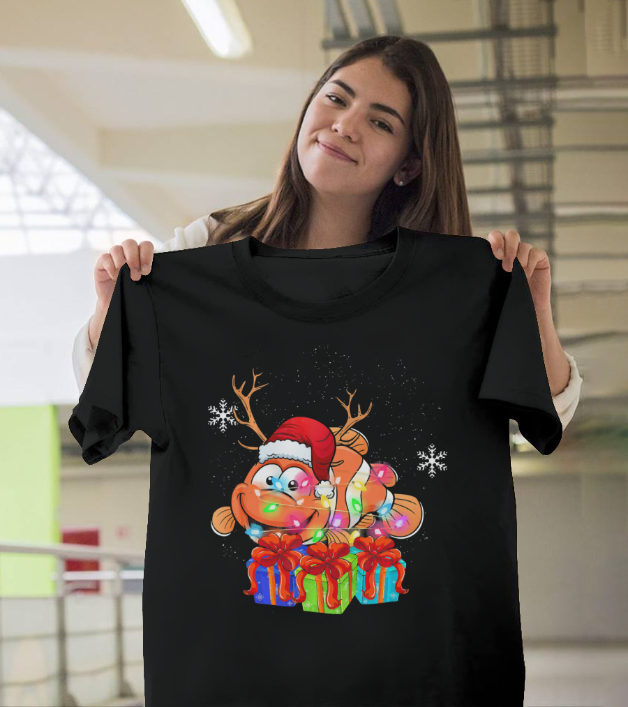 Funny Koi Fish Christmas Santa Hat Reindeer Antlers Xmas Lights Gifts Snowflakes T-Shirt