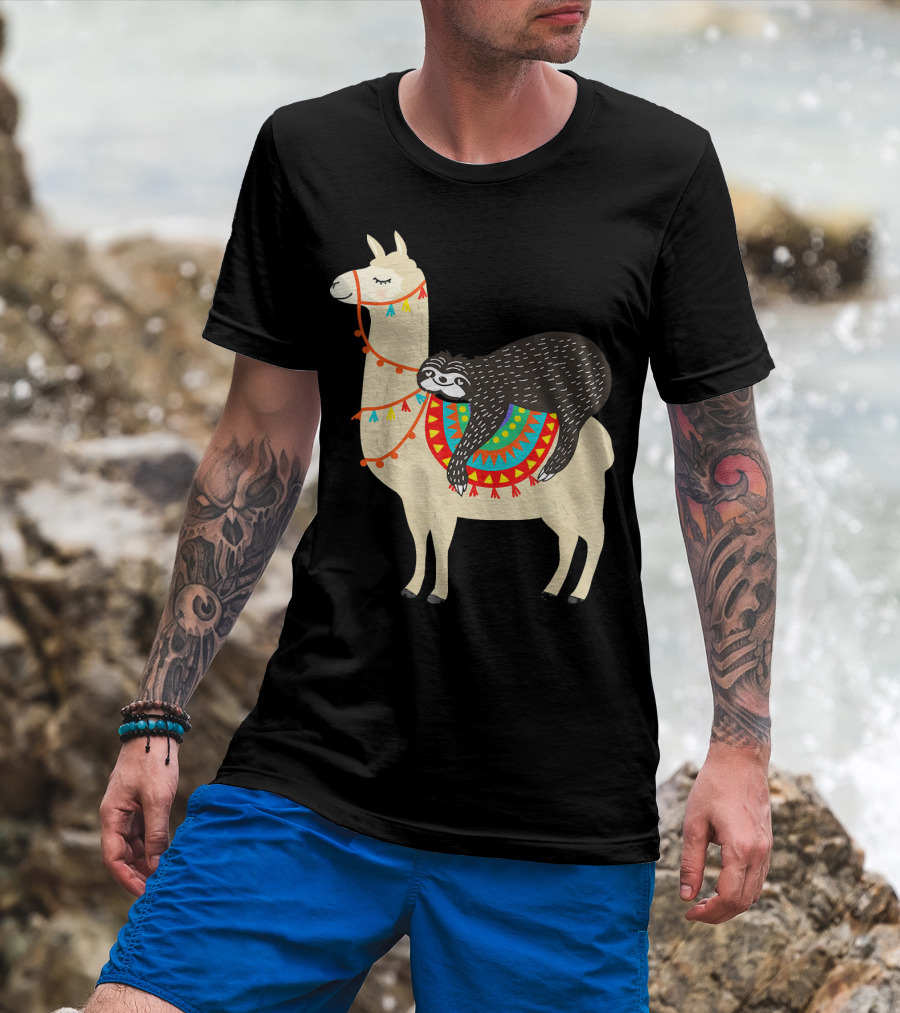 Funny Sloth Riding Llama With Colorful Blanket T-Shirt