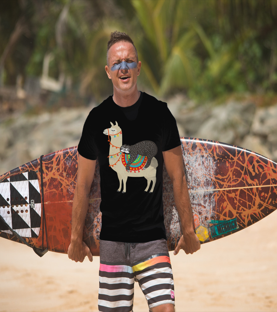 Funny Sloth Riding Llama With Colorful Blanket T-Shirt