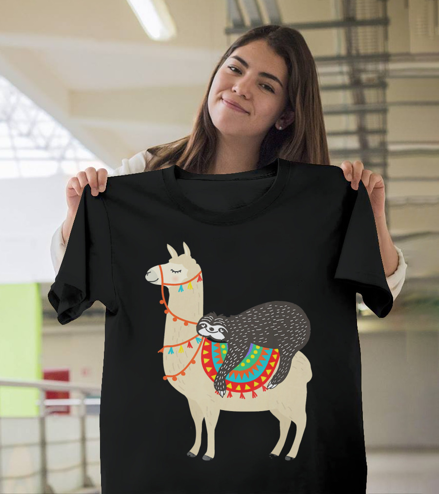 Funny Sloth Riding Llama with Colorful Blanket T-Shirt