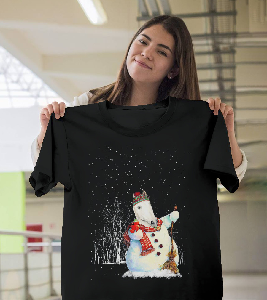 Funny Christmas Horse Santa Snowman Winter Scene T-Shirt