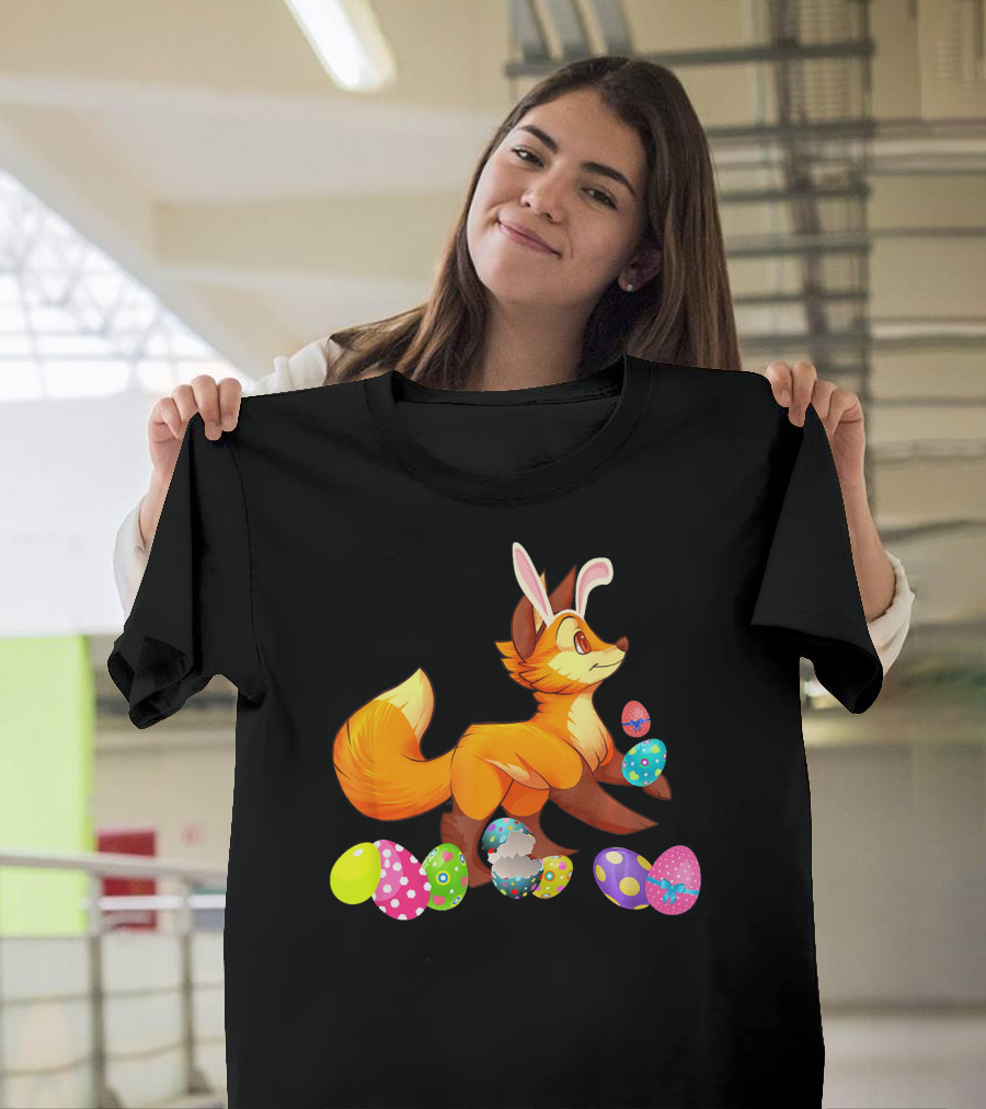 Fox Wearing Bunny Rabbit Hat with Colorful Easter Eggs T-Shirt