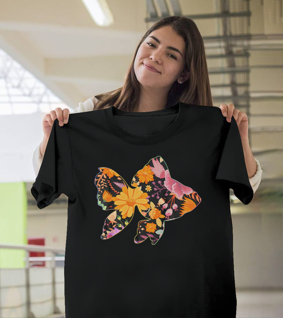 Floral Flower Vintage Retro Goldfish Butterfly Love T-Shirt