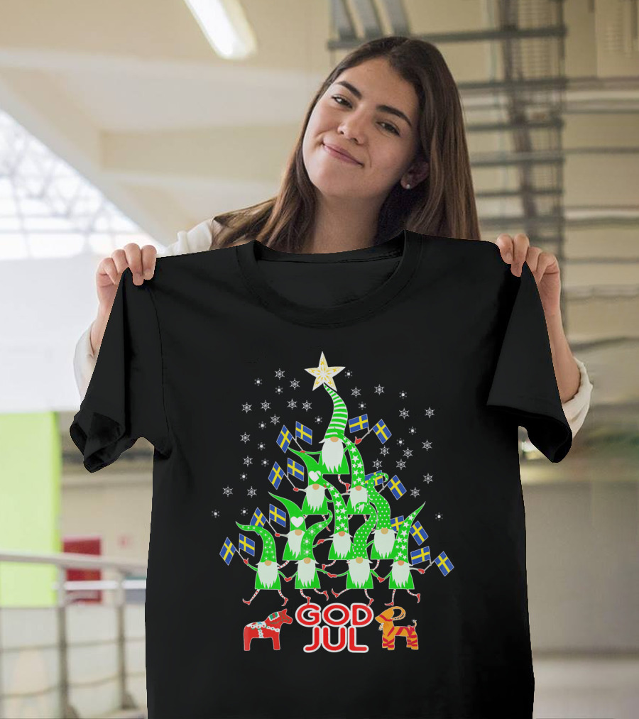 God Jul Swedish Flag Christmas Tree Tomte Nisse Dala Horse T-Shirt