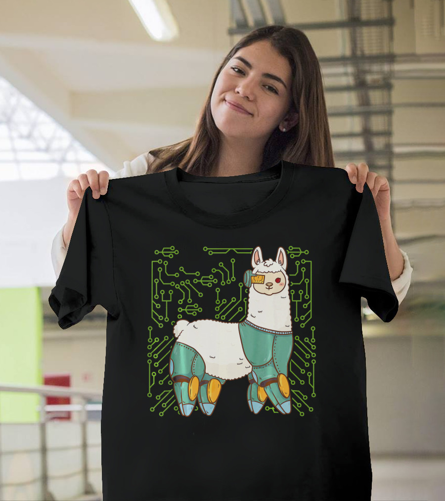 Cyborg Llama Robot Alpaca Circuitry Humor T-Shirt