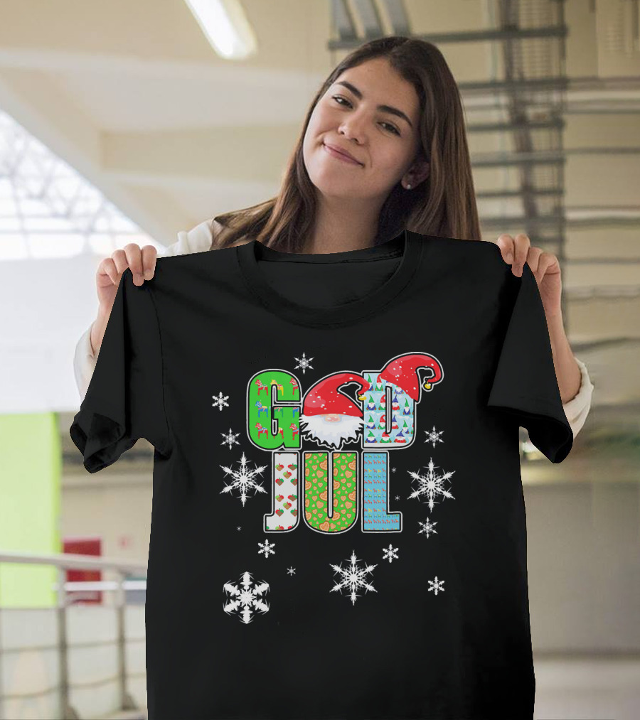 God Jul Swedish Merry Christmas Snowflakes Santa Hat Reindeer Ornaments T-Shirt