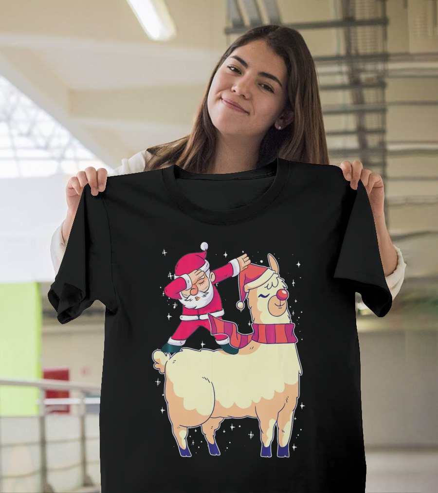Funny Christmas Dabbing Santa Riding Llama T-Shirt