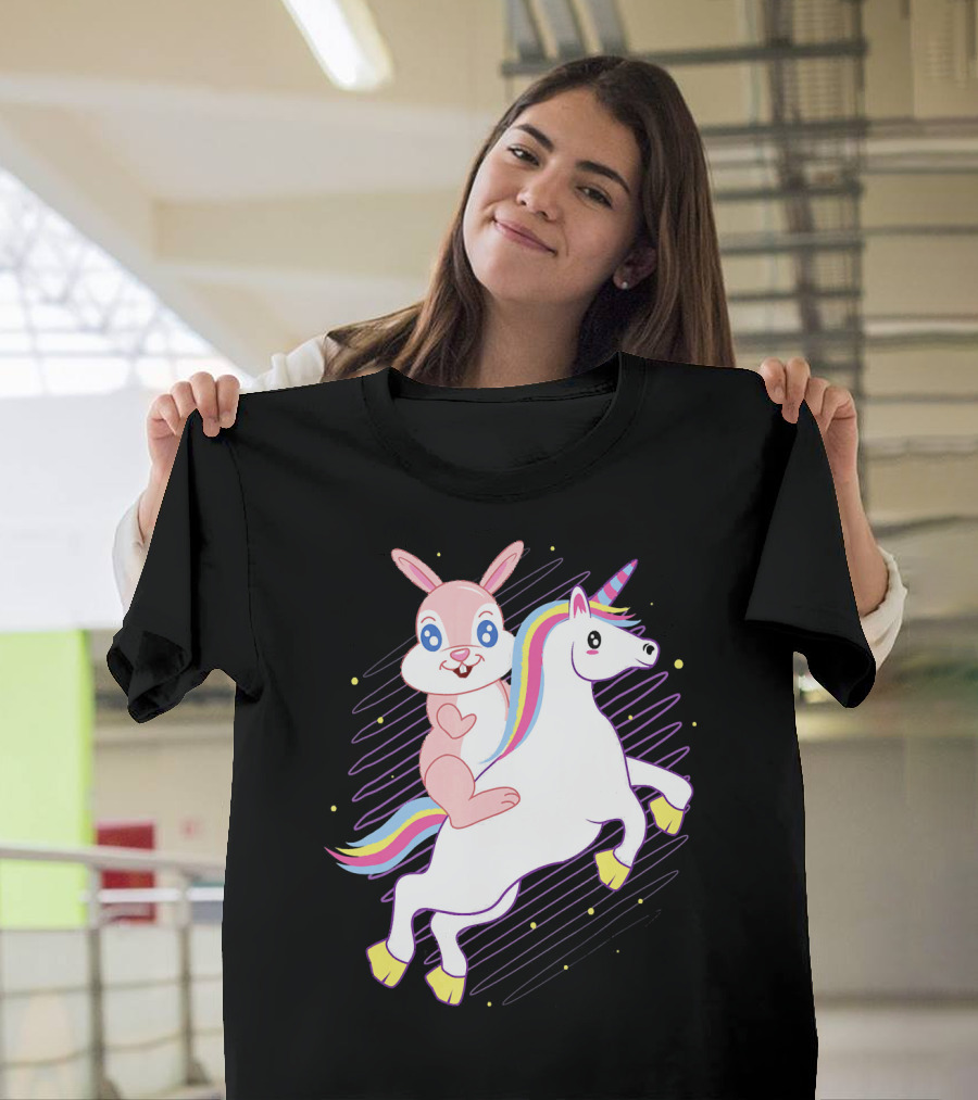 Easter Bunny Riding Rainbow Unicorn Mythical Adventure T-Shirt