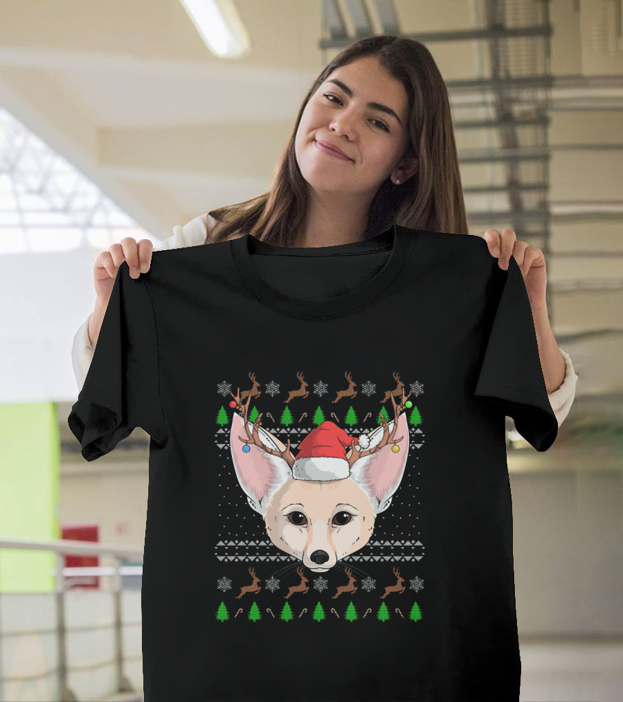 Fennec Fox Santa Claus Hat Christmas Reindeer Ugly Sweater Look T-Shirt