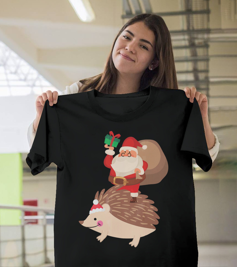 Funny Santa Riding Hedgehog with Gift Sack and Hat T-Shirt
