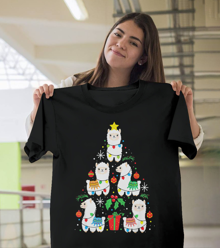 Funny Llama Christmas Tree Ornament with Festive Holiday Lights and Decorations T-Shirt