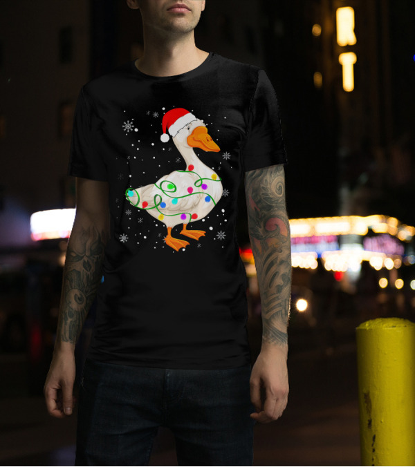 Goose With Christmas Lights Snowflakes Festive Santa Hat Matching Fam T-Shirt