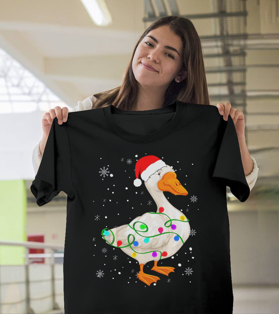 Goose With Christmas Lights Snowflakes Festive Santa Hat Matching Fam T-Shirt