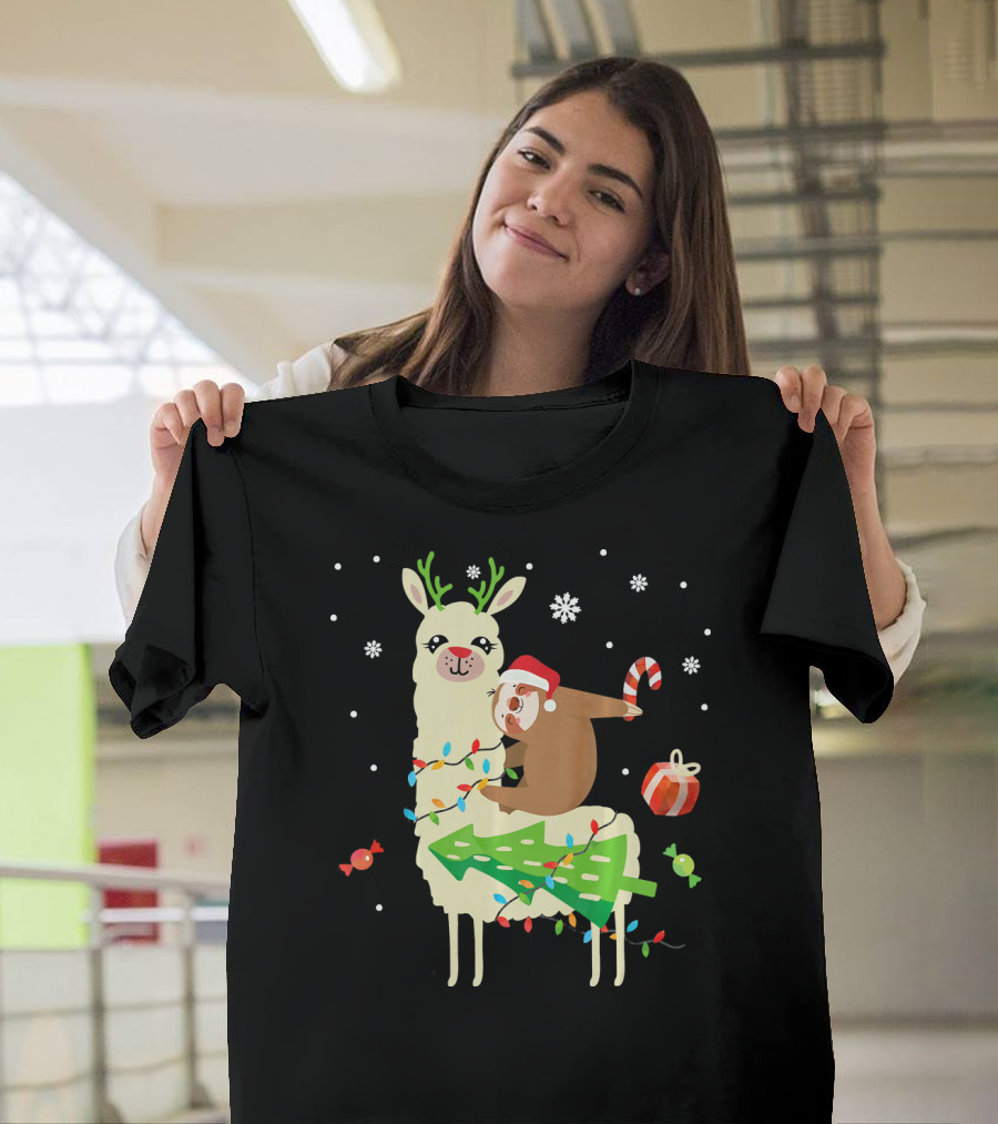 Sloth Santa Riding a Llama with Candy Cane and Christmas Lights T-Shirt