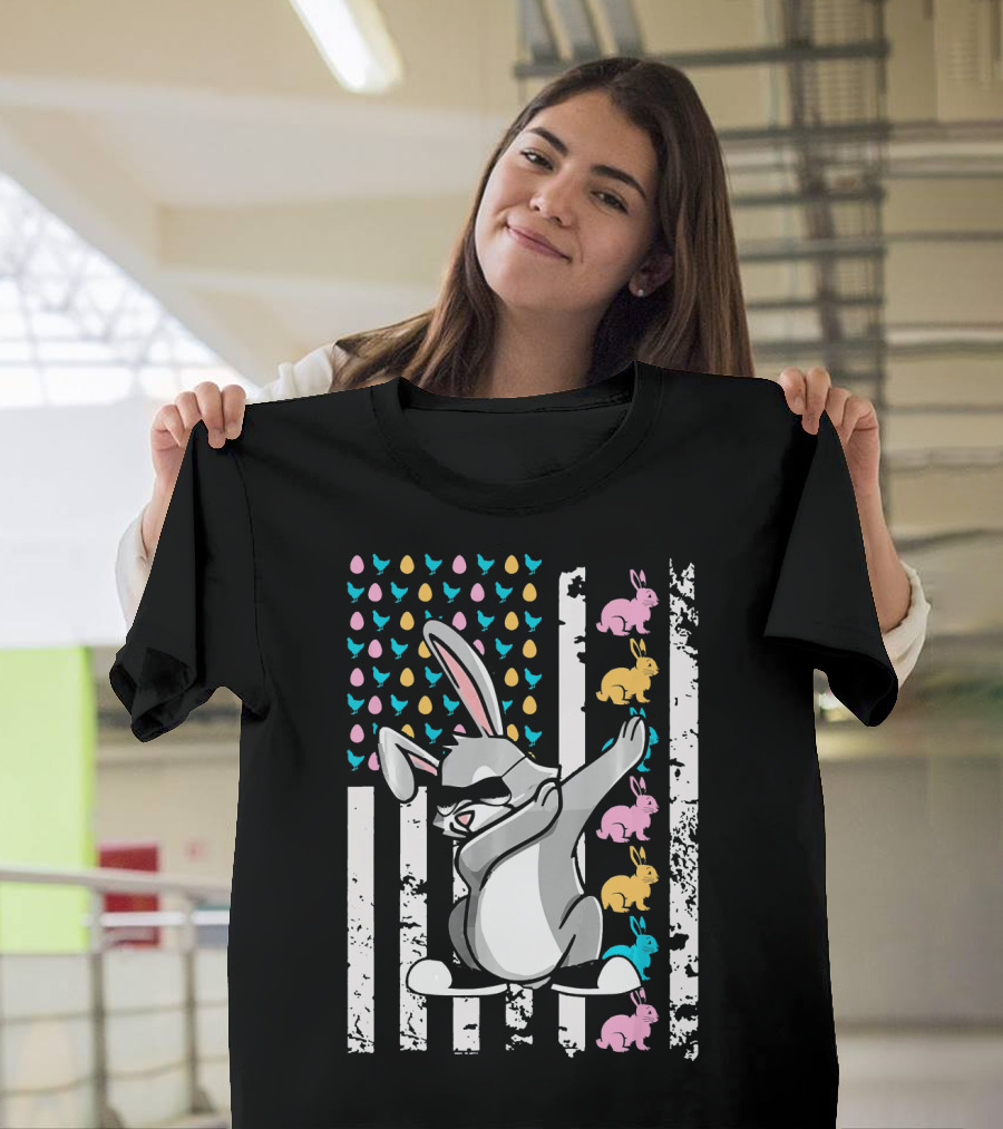 Easter Bunny Dabbing with Colored Eggs and Rabbits on American Flag T-Shirt