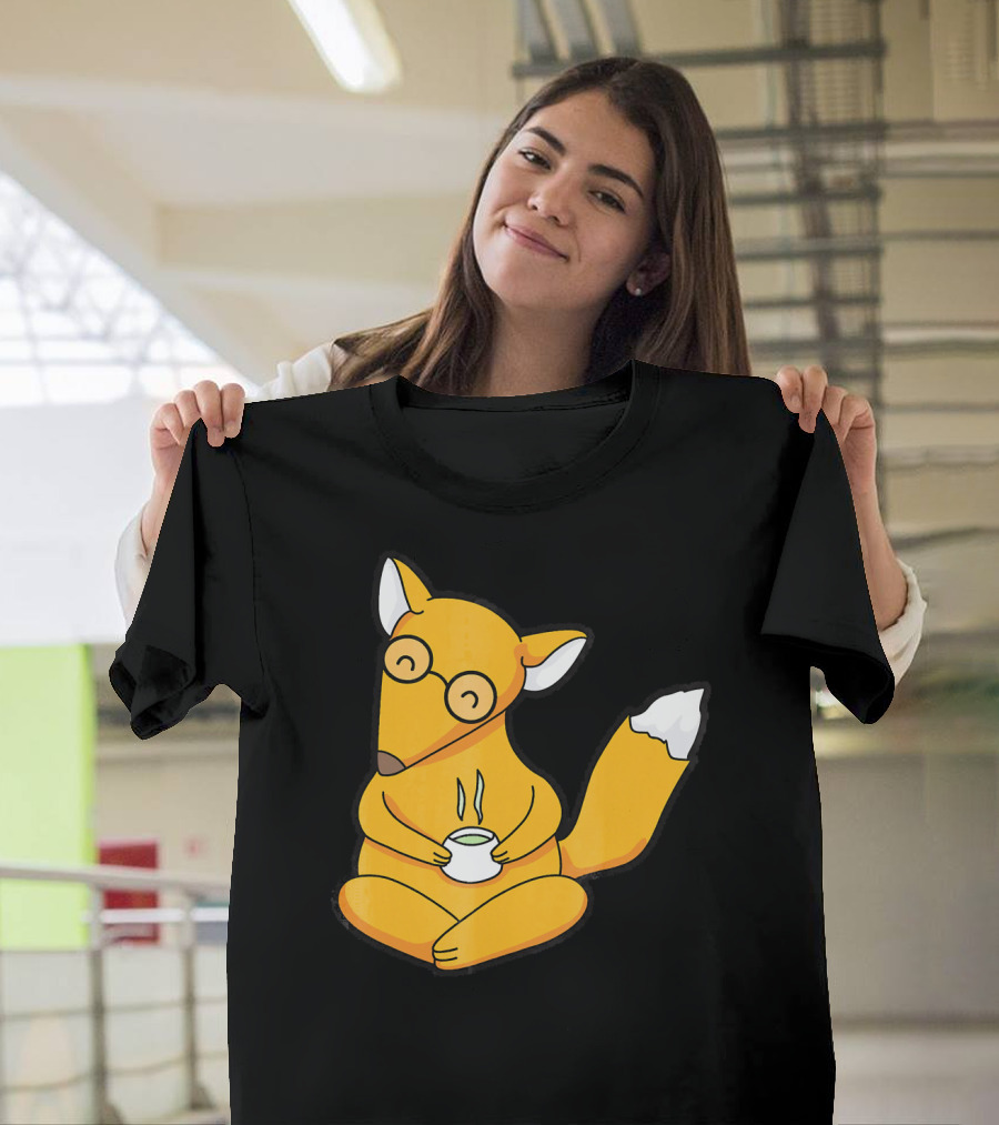 Happy Cartoon Fox Nerd Tea Time T-Shirt