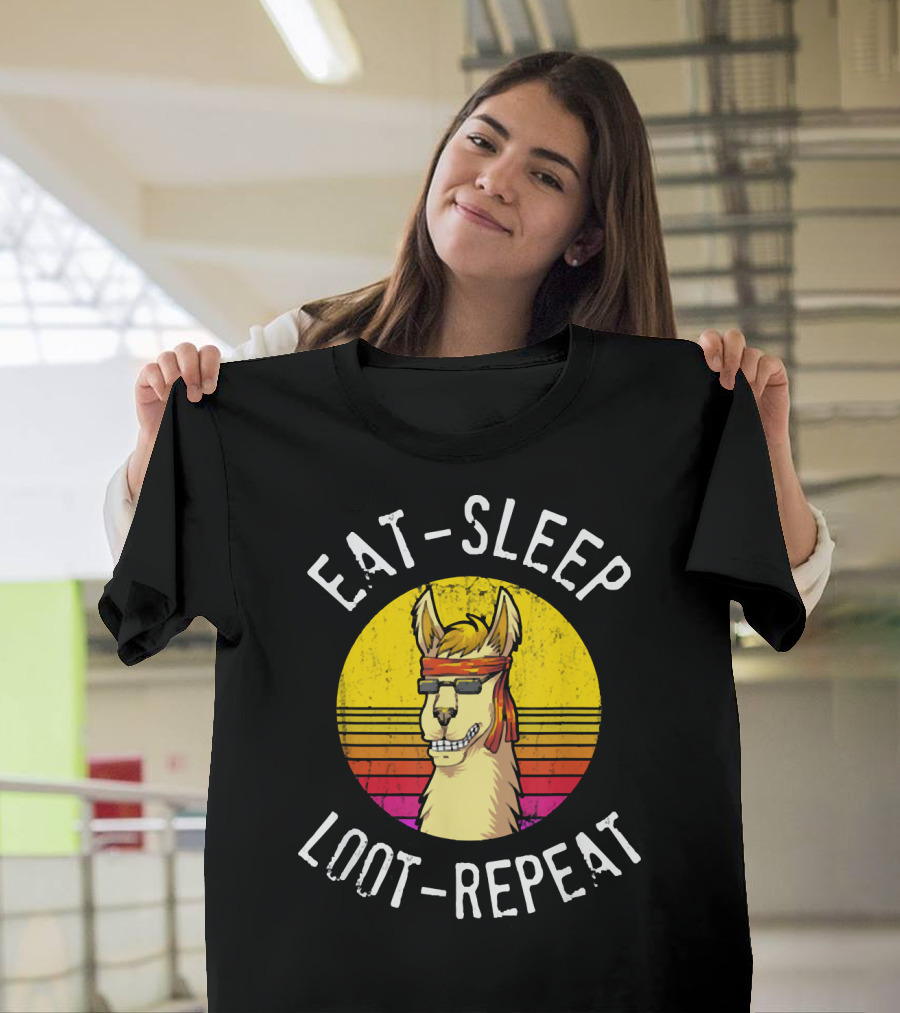 Eat Sleep Loot Repeat Llama with Sunglasses and Retro Headband T-Shirt