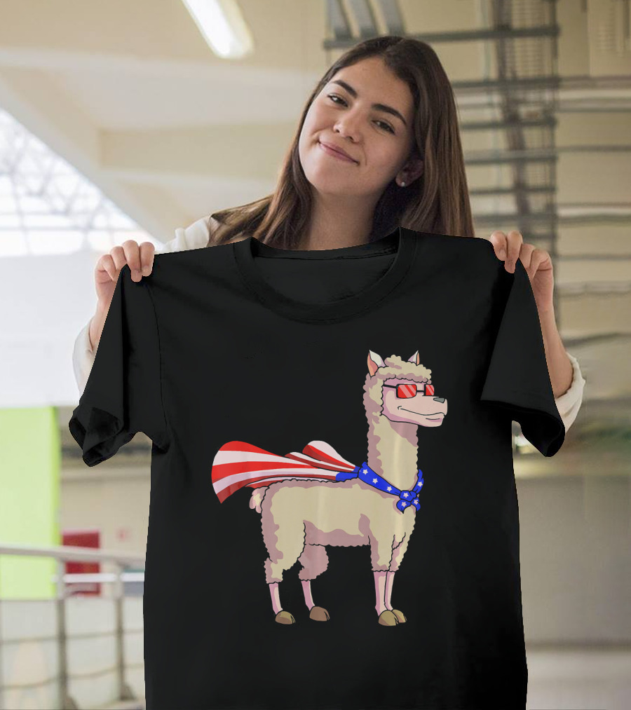 Patriotic Alpaca with American Flag Cape Funny 4th of July USA T-Shirt