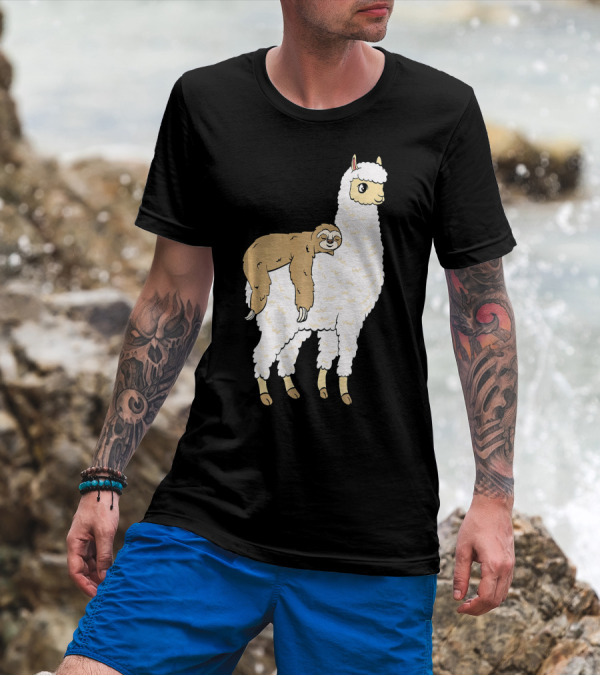 Funny Sloth Taking A Nap On Alpaca Llama T-Shirt