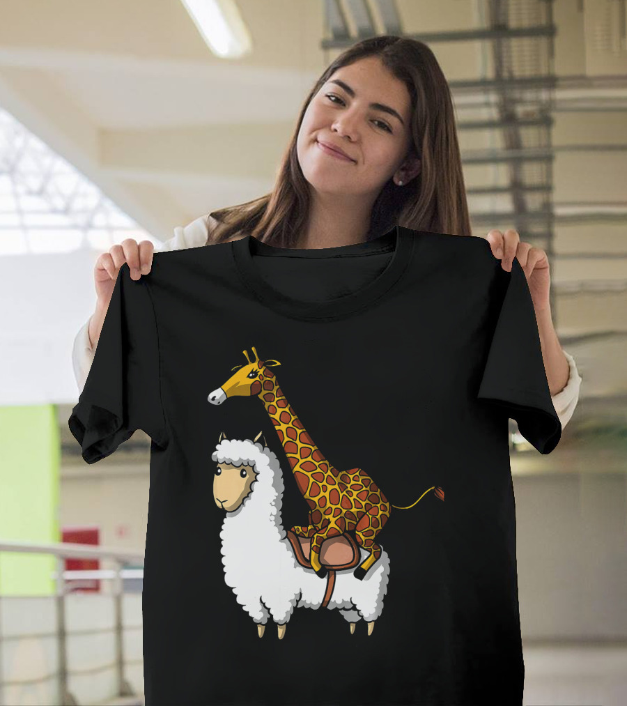 Giraffe Riding Llama Alpaca Funny Animal Adventure T-Shirt