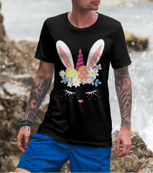 Glitter Unicorn Horn Bunny Ears Pastel Easter Eggs And Flowers T-Shirt