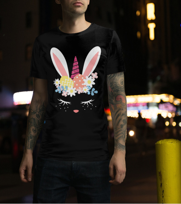 Glitter Unicorn Horn Bunny Ears Pastel Easter Eggs And Flowers T-Shirt
