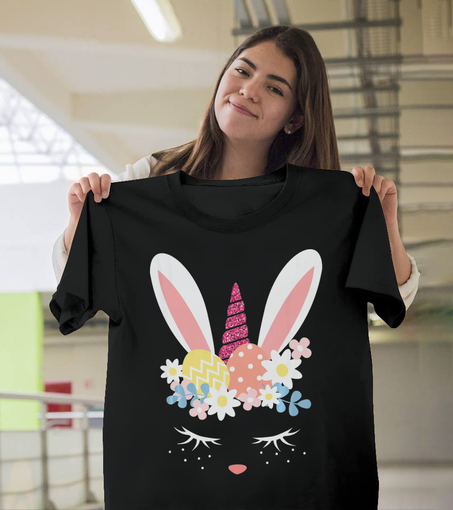 Glitter Unicorn Horn Bunny Ears Pastel Easter Eggs and Flowers T-Shirt