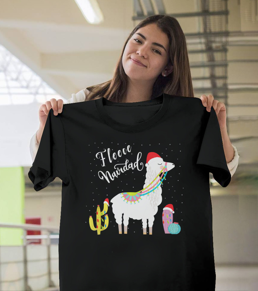Fleece Navidad Funny Cute Llama in Festive Santa Hat with Cacti T-Shirt